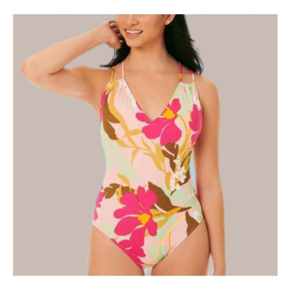 Floral Print Strappy Back Pink And Seafoam One piece swimsuit mirac